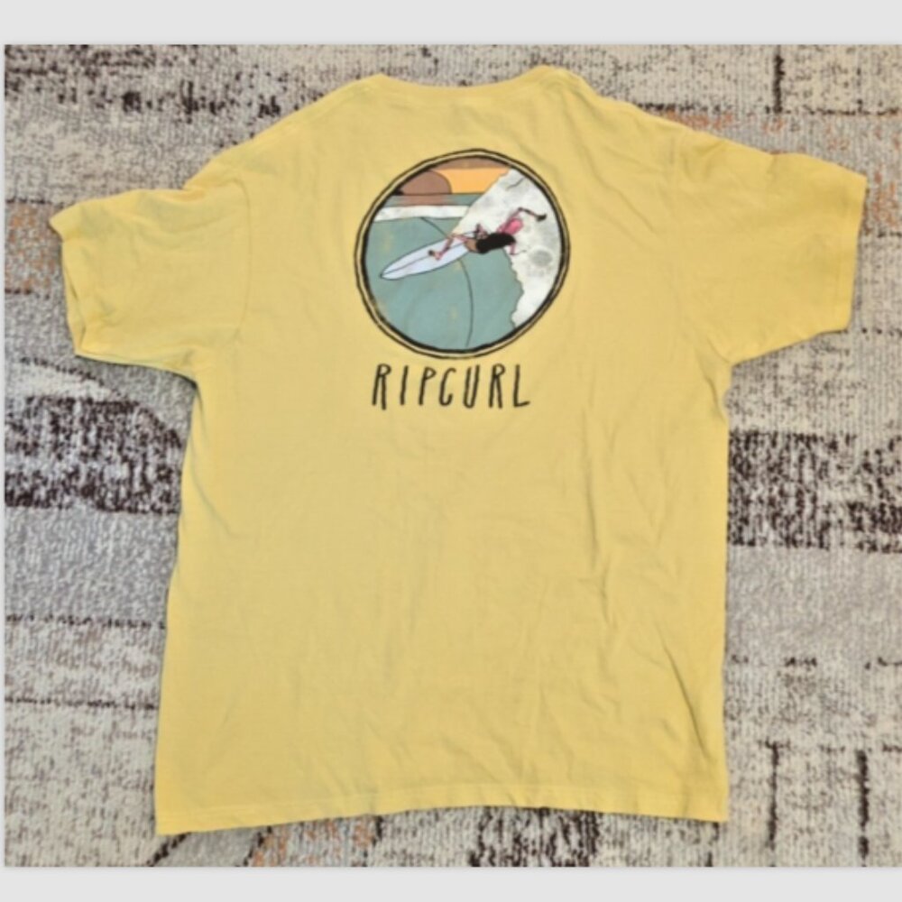 RARE Rip Curl T-Shirt Mens Large Yellow Graphic Surf Skateboard Short Sleeve Tee